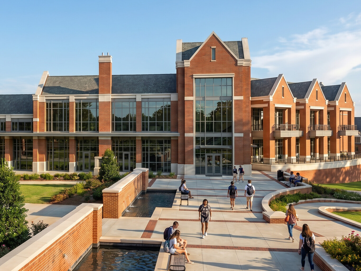 University building with multi-paneled facade with pointed roofing; foreground large campus walkway