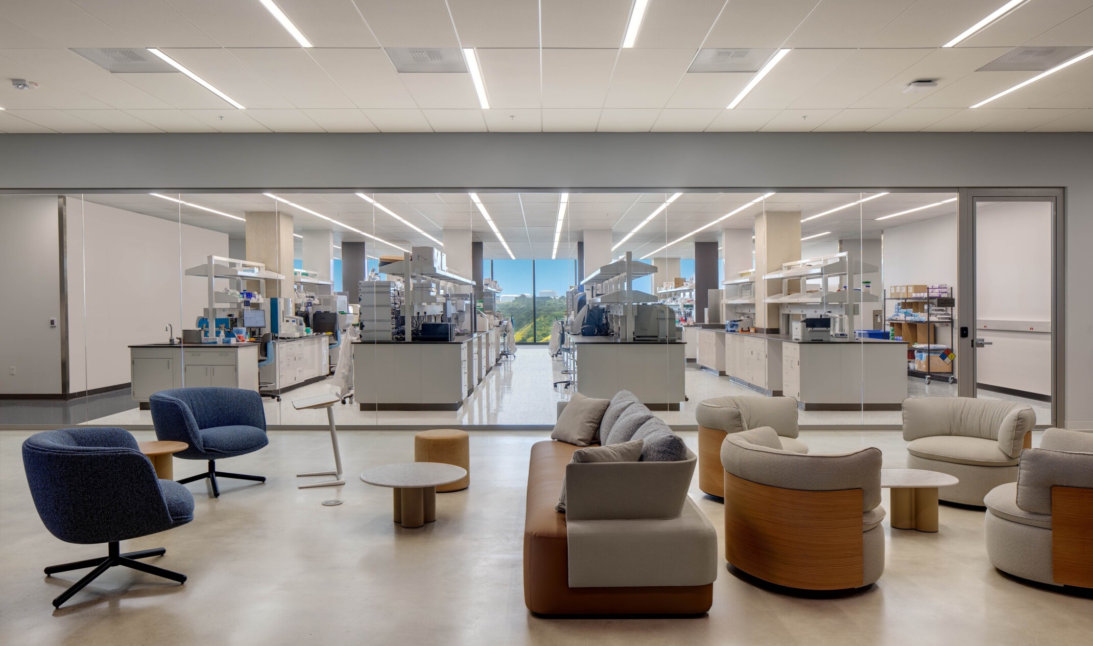 modern science and technology office; comfortable modular, sitting space looks into an open concept lab behind floor to ceiling glass