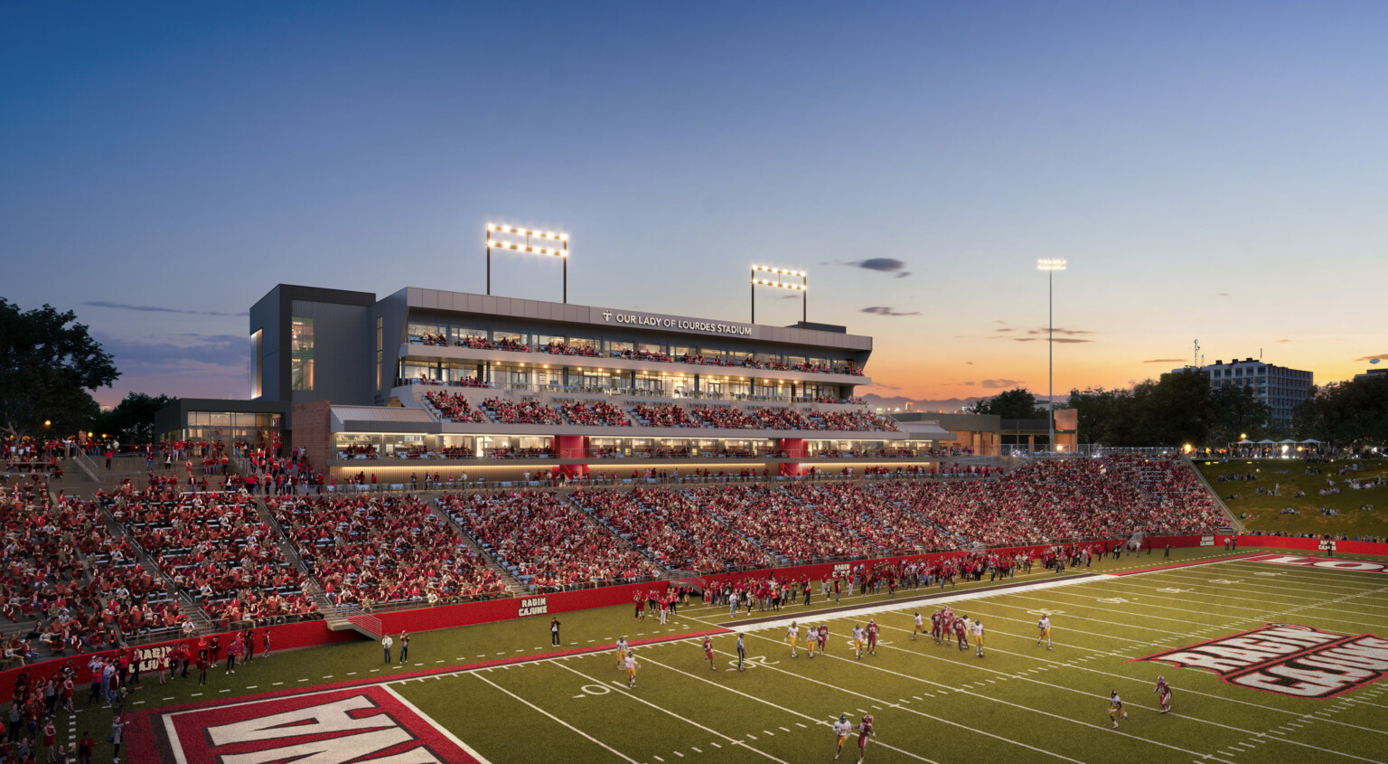Louisiana Athletics’ Our Lady of Lourdes Stadium design rendering of the football field with stands filled with fans in red clothing