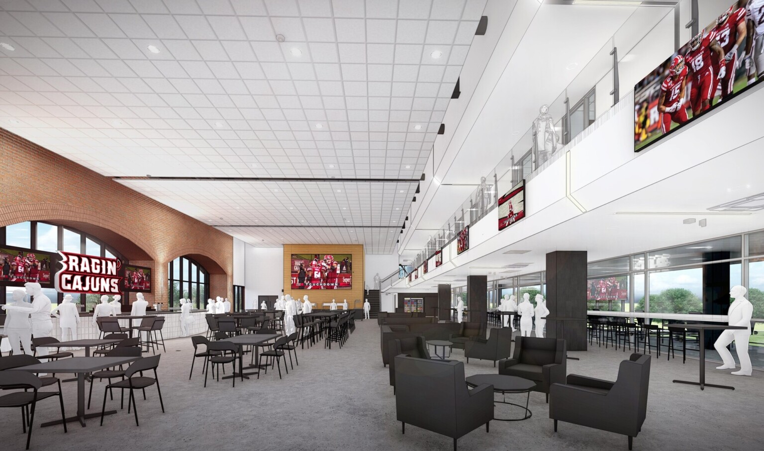 Louisiana Athletics’ Our Lady of Lourdes Stadium design rendering of lounge space; gray, white, and dark gray varied seating throughout the double height space