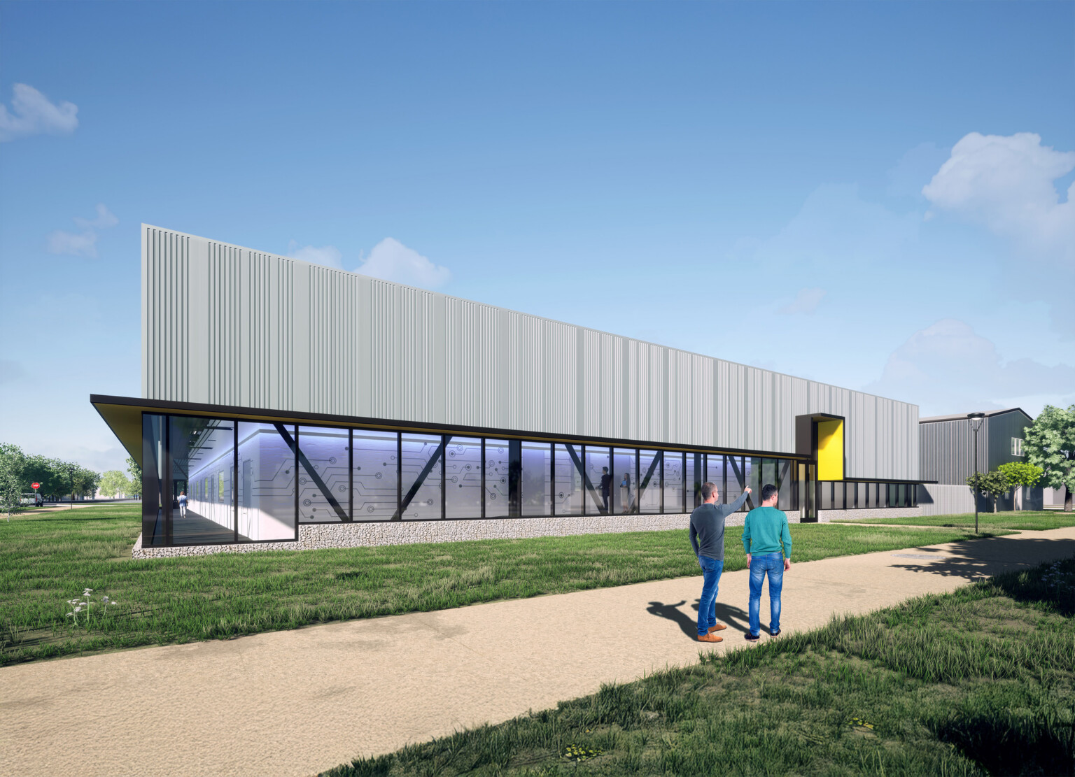 exterior rendering of a lab facility with a recessed floor to ceiling window first floor and steel second floor separate by an awning; people walking in the forefront of the building