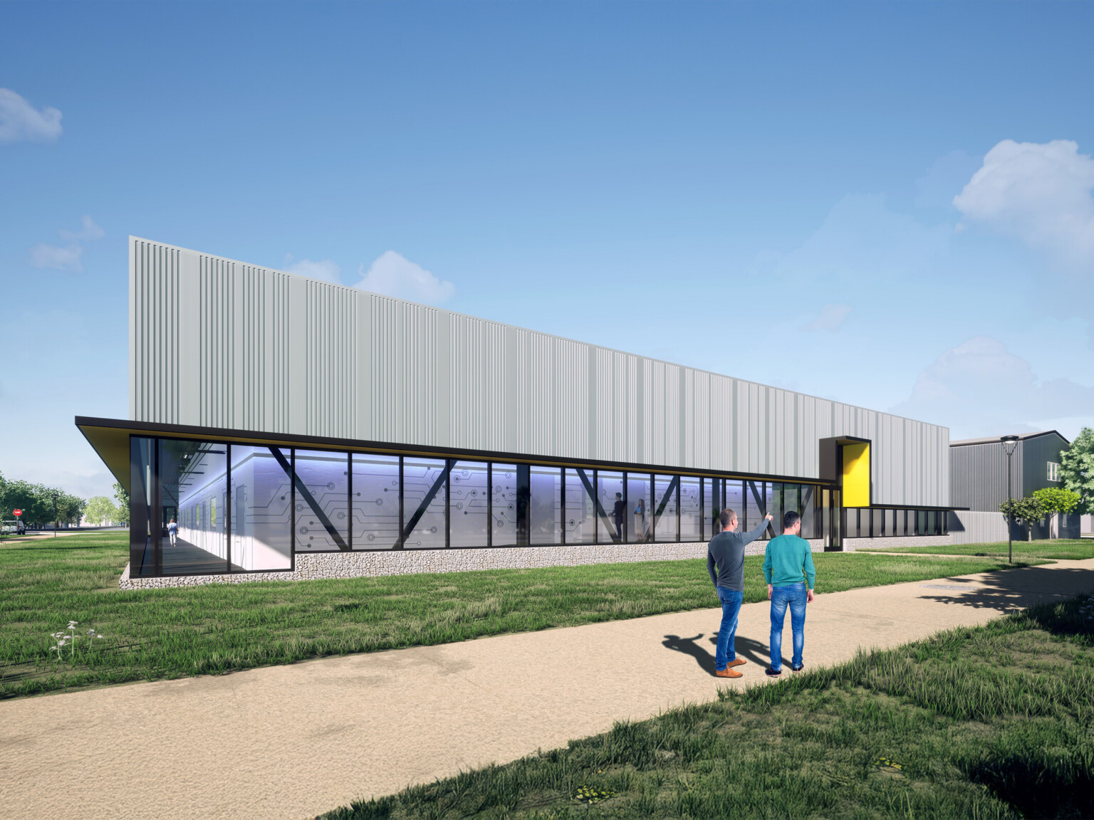 exterior rendering of a lab facility with a recessed floor to ceiling window first floor and steel second floor separate by an awning; people walking in the forefront of the building