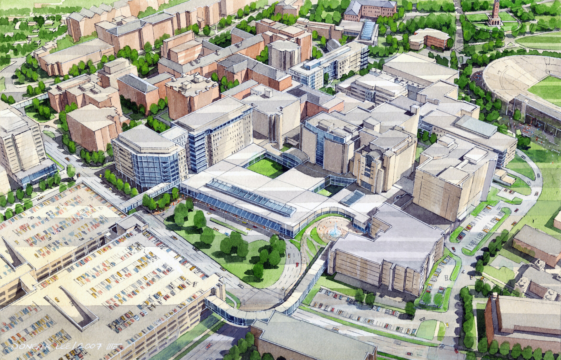 Illustrated watercolor aerial view of a large academic health campus with diverse buildings, green spaces, parking lots, and a central circular plaza.