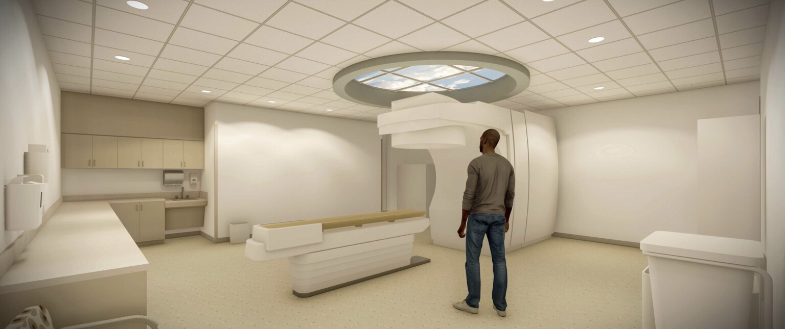 rendering of radiation treatment/diagnosis machine in large cream-colored room designed to soothe patients under stress