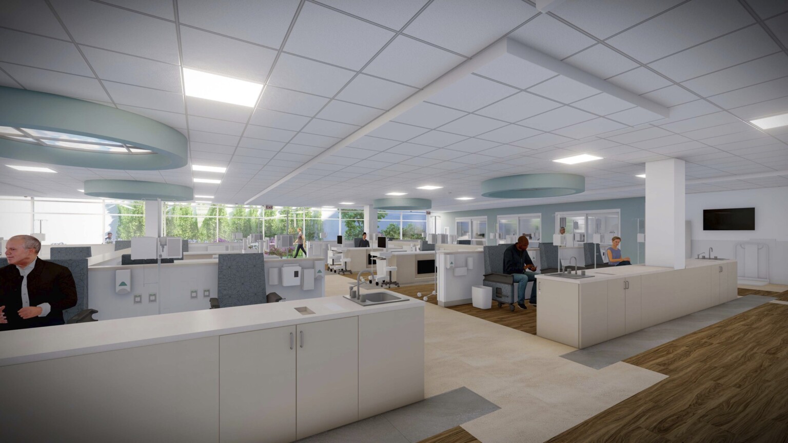 Interior render of infusion center, patients waiting to be evaluated, courtyard seen in background through large windows