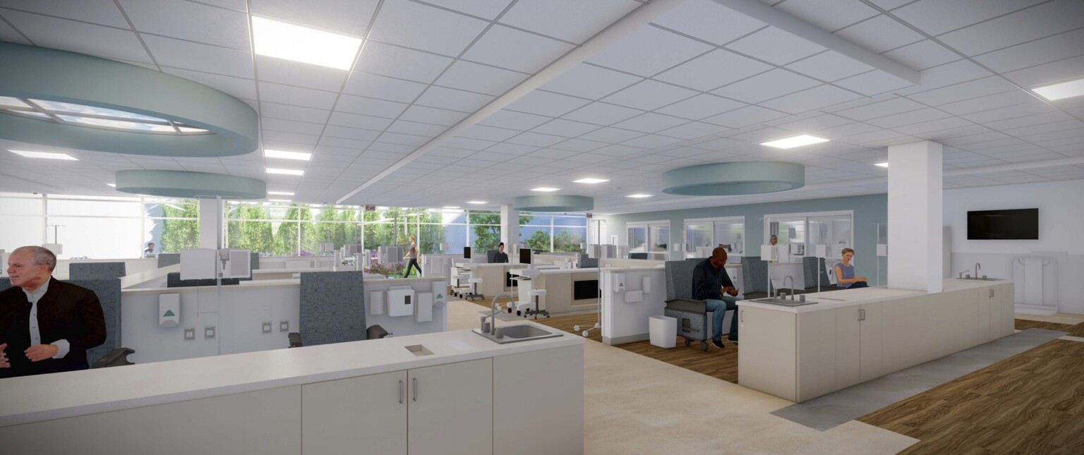 Interior rendering of lab space, patients waiting to be evaluated, courtyard seen in background through large windows