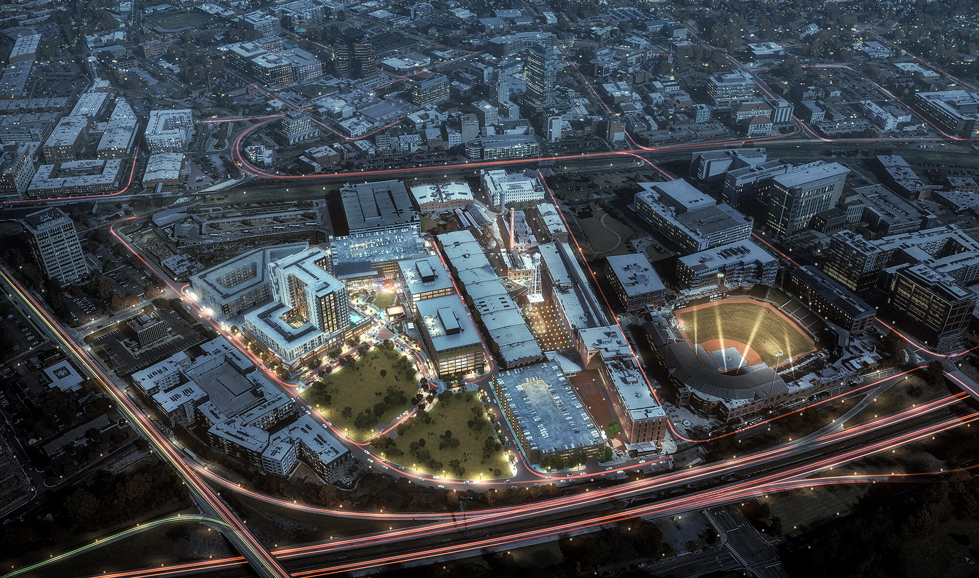 aerial view of mixed-use development; activated downtown; baseball stadium, office park, innovation block for T3 American Tobacco