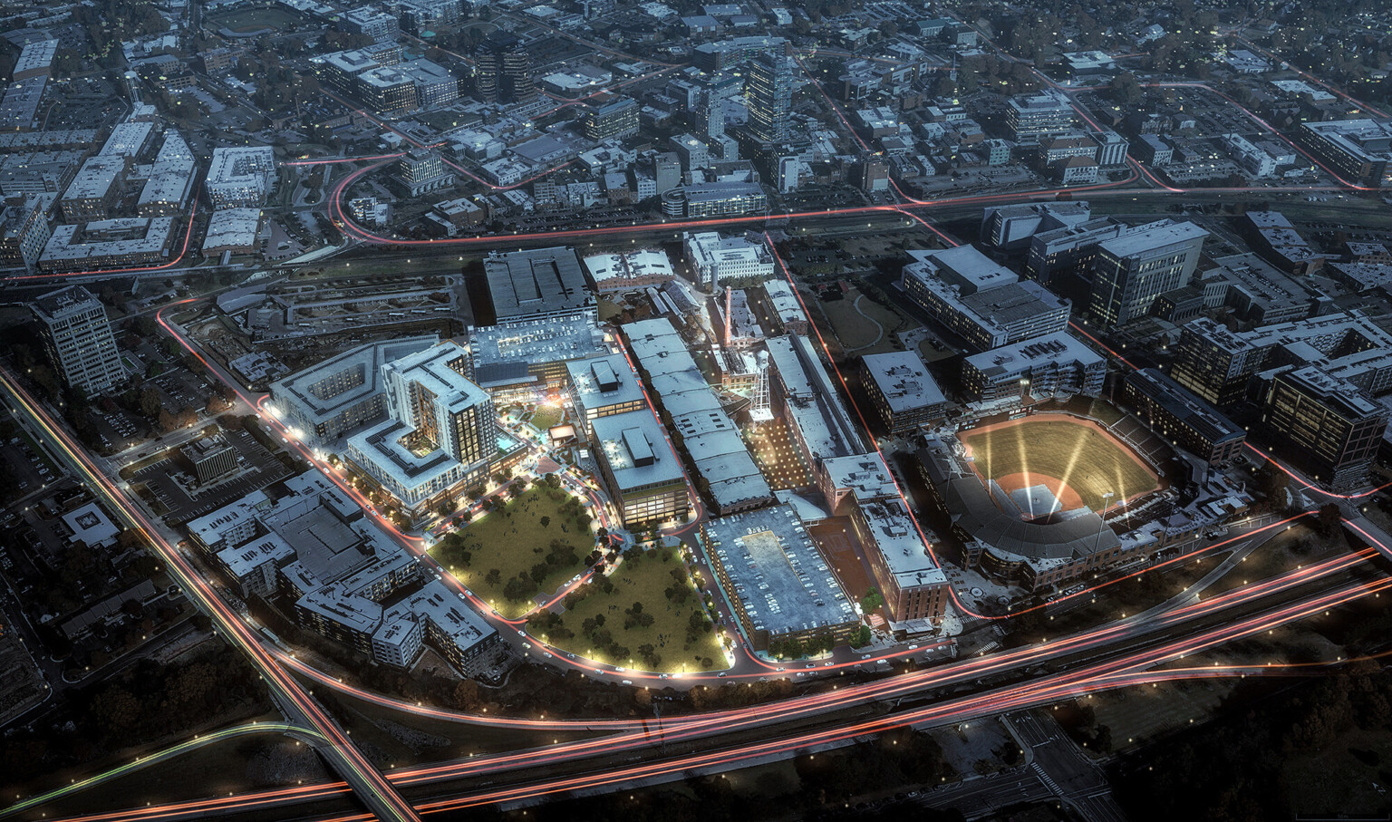 aerial view of mixed-use development; activated downtown; baseball stadium, office park, innovation block for T3 American Tobacco