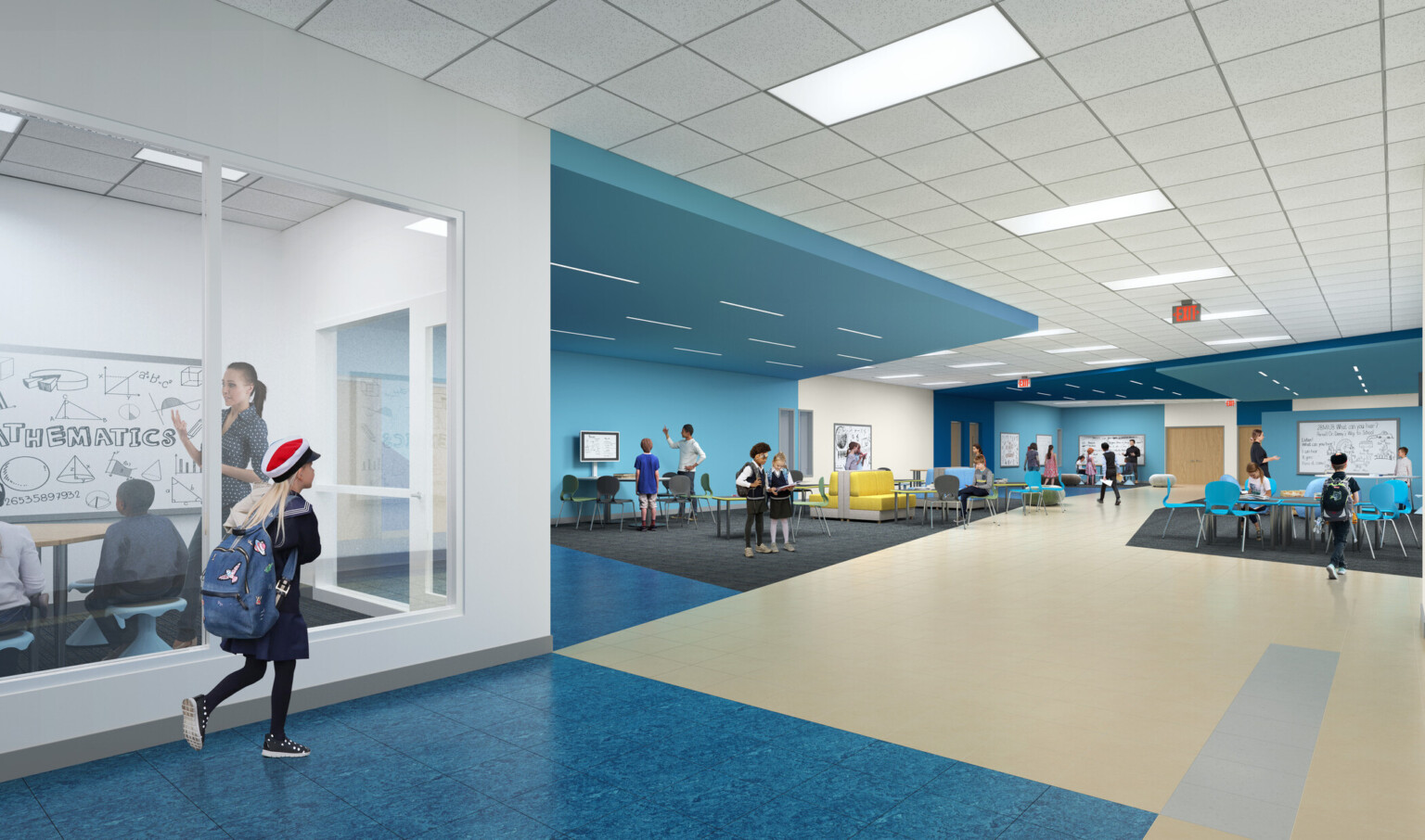Pleasant Plains Elementary School; multi-use space wall; colorful cutouts along the space for collaboration