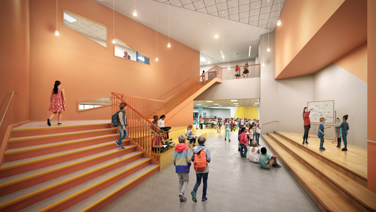 Pleasant Plains Elementary School; multi-use space with a staircase on the left wall; colorful cutouts along the space for collaboration