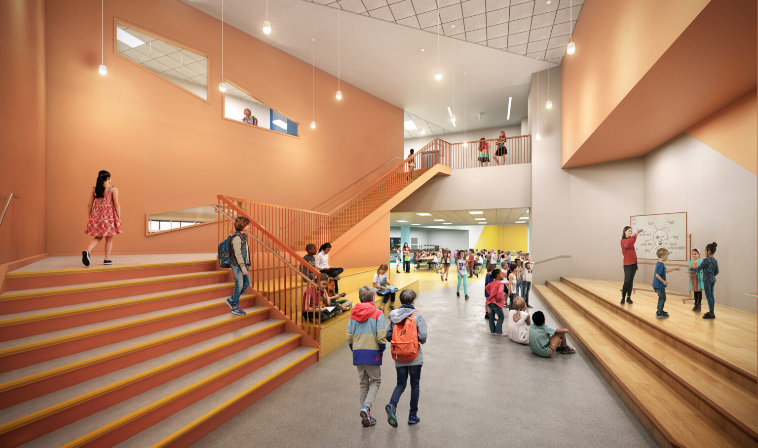 Pleasant Plains Elementary School; multi-use space with a staircase on the left wall; colorful cutouts along the space for collaboration Pleasant Plains Elementary School; multi-use space with a staircase on the left wall; colorful cutouts along the space for collaboration