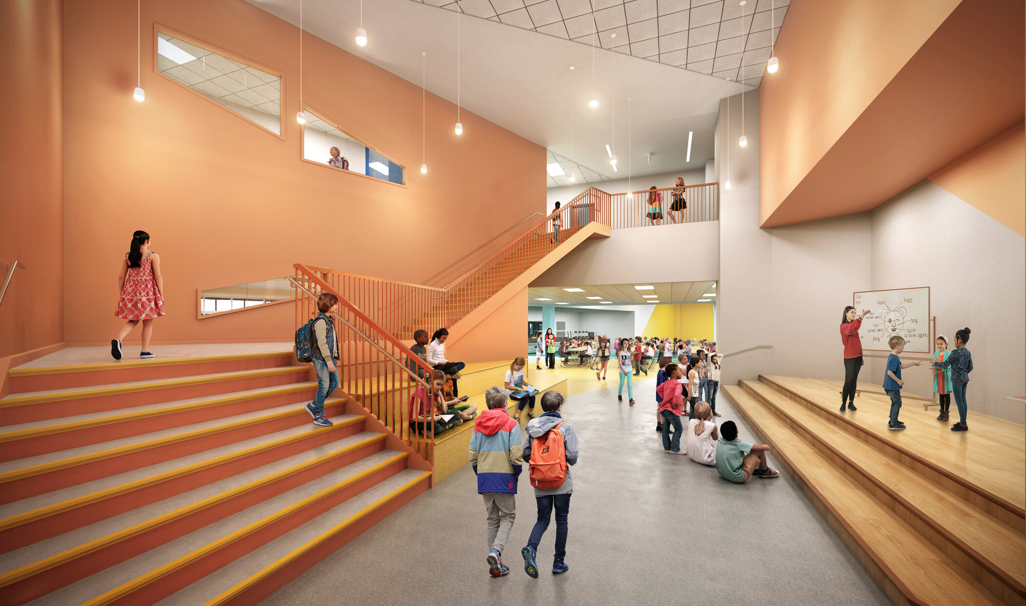 Pleasant Plains Elementary School; multi-use space with a staircase on the left wall; colorful cutouts along the space for collaboration