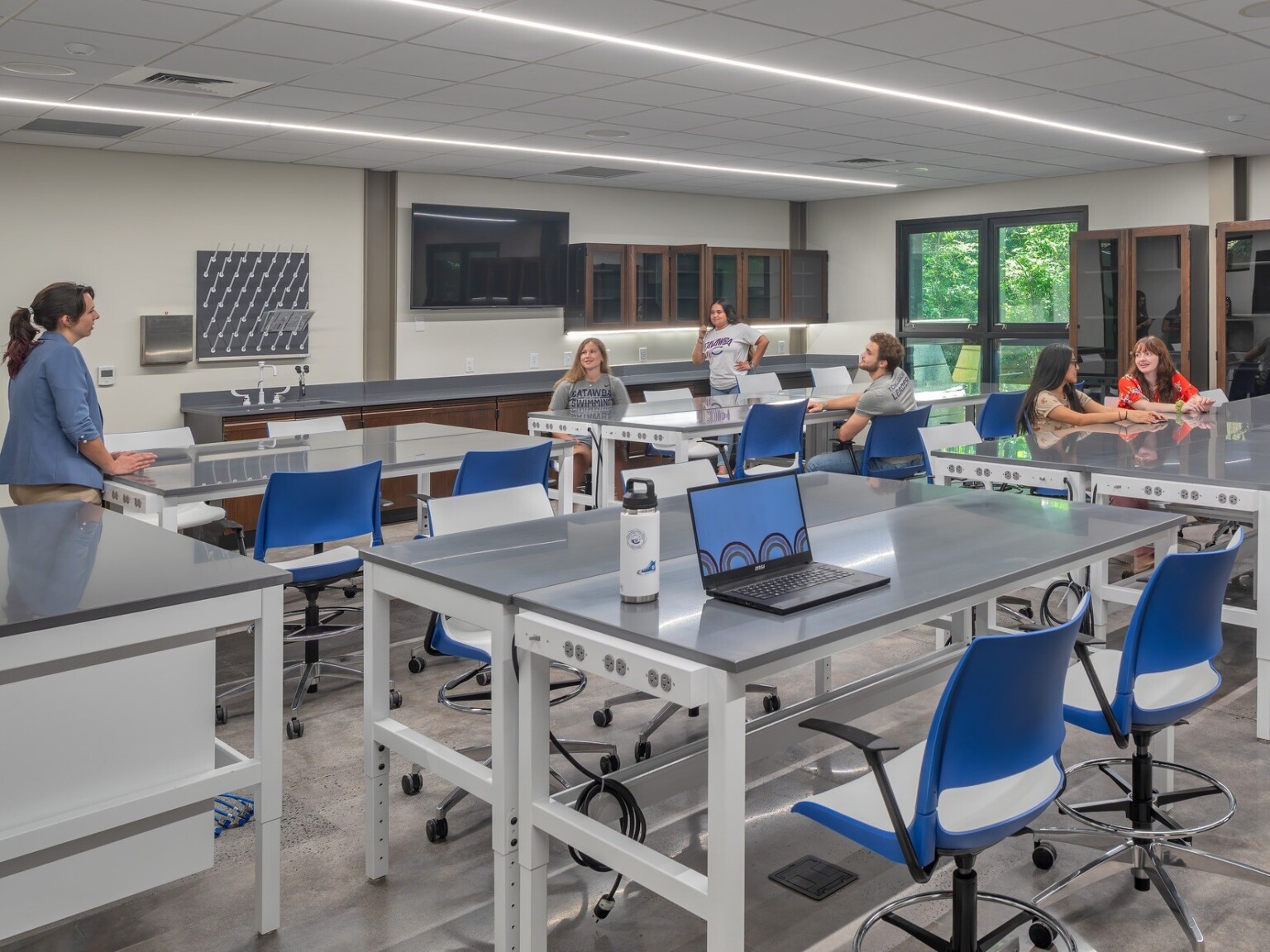 Science lab with large windows to nature, tables with flexible seating, wood cabinets