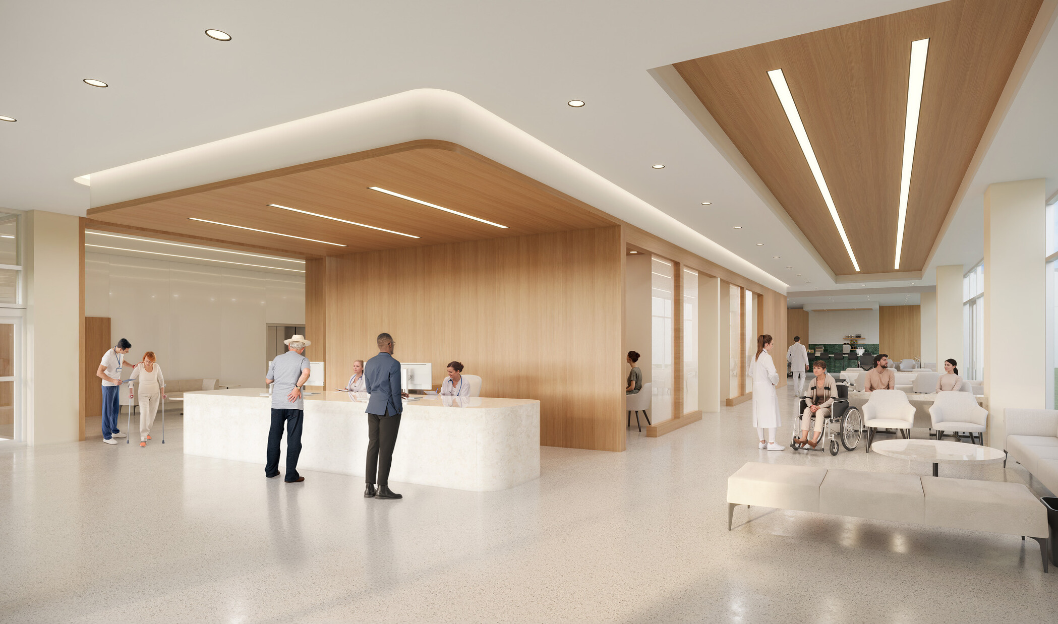 architectural rendering of a modern medical building lobby with clean, bright, light wood design throughout