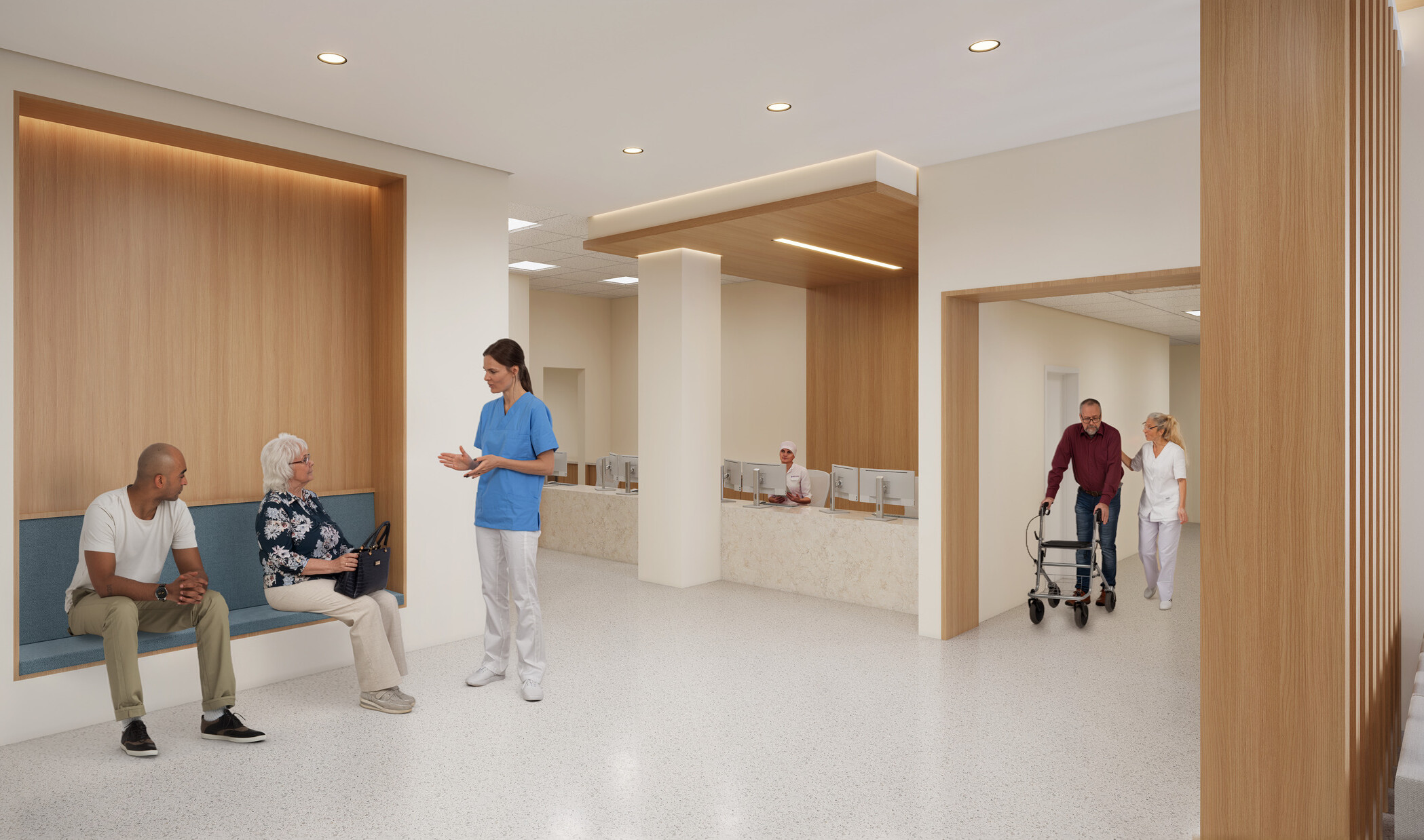architectural rendering of a modern medical building lobby with clean, bright, light wood design throughout