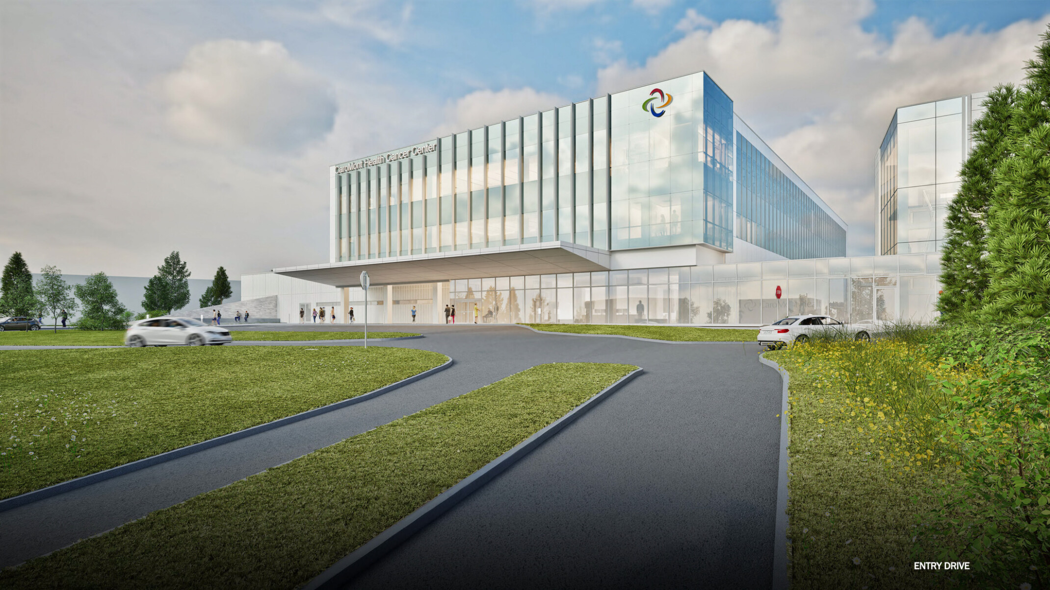 exterior architectural rendering of a modern medical cancer facility; lofted large glass building with floor to ceiling glass on the entry level