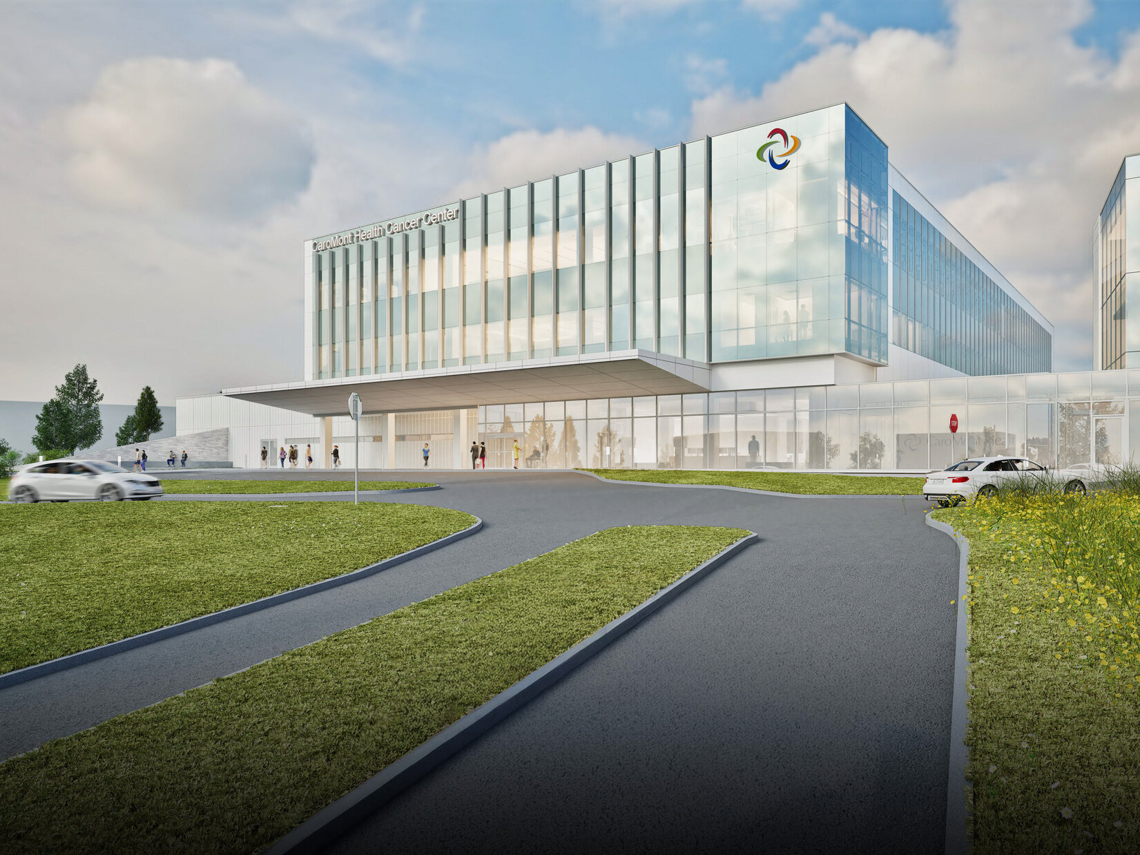 exterior architectural rendering of a modern medical cancer facility; lofted large glass building with floor to ceiling glass on the entry level