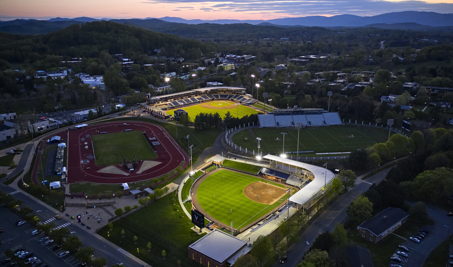 Aerial view of Palmer Park within the University of Virginia's athletic campus, 4 different field within the sports complex