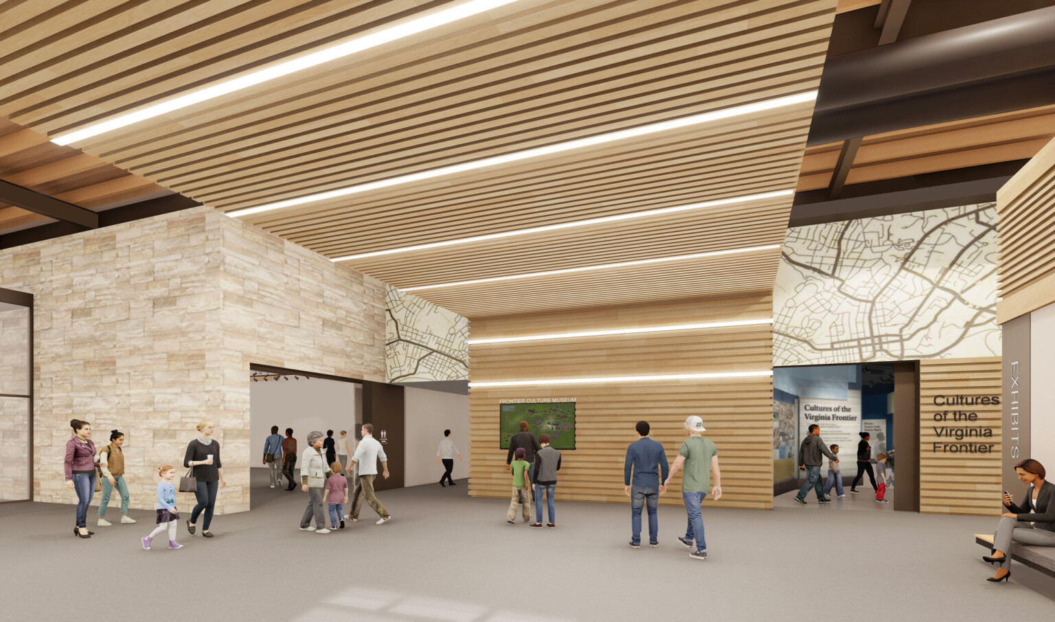 Interior view of museum lobby with light stone and wood-paneled walls, a ceiling of wooden slats with recessed lighting, and wide-open space; Several people walking, standing near exhibits, including a green display board and an entrance labeled Cultures of the Virginia Frontier