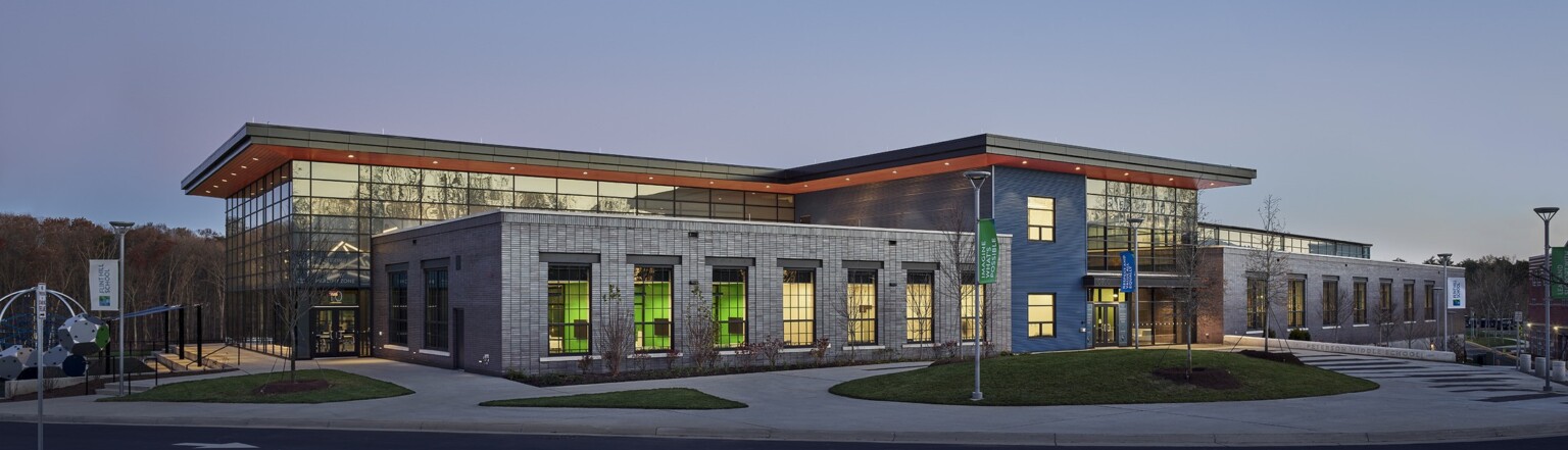 night time view of an independent school, stacked structure