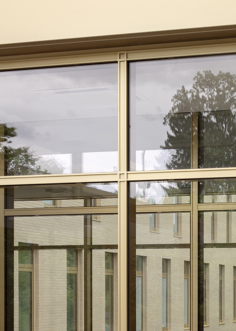Artistic photo of glass windows with brushed gold frames with a brick wall filled with windows in the background