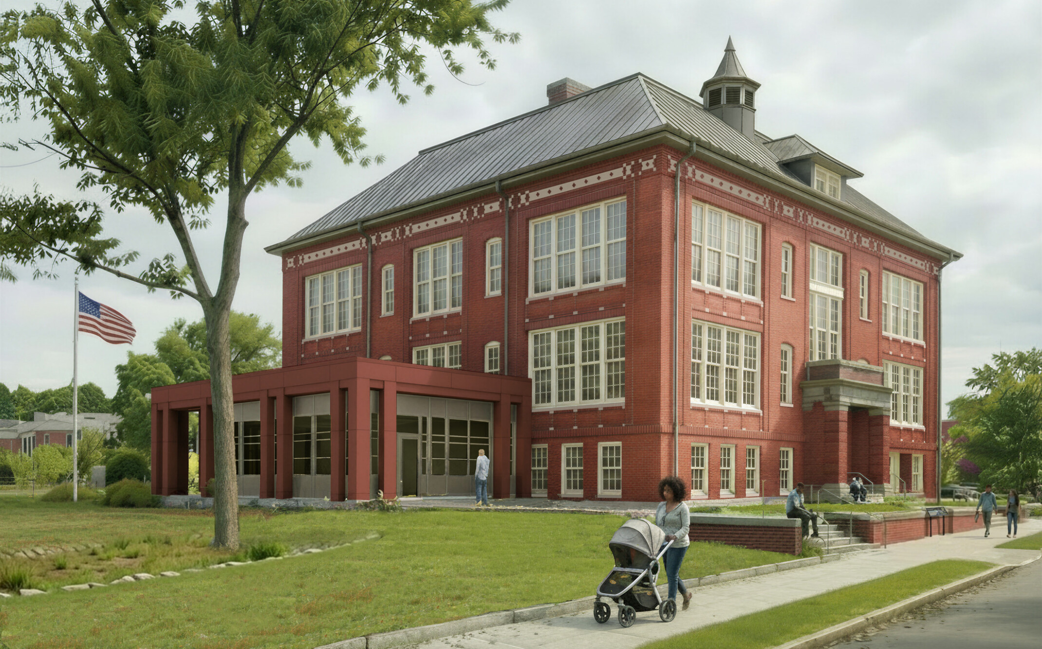 Exterior of the Crummell Community Center featuring restored brick walls, well-maintained landscaping, and several patrons walking on the grounds