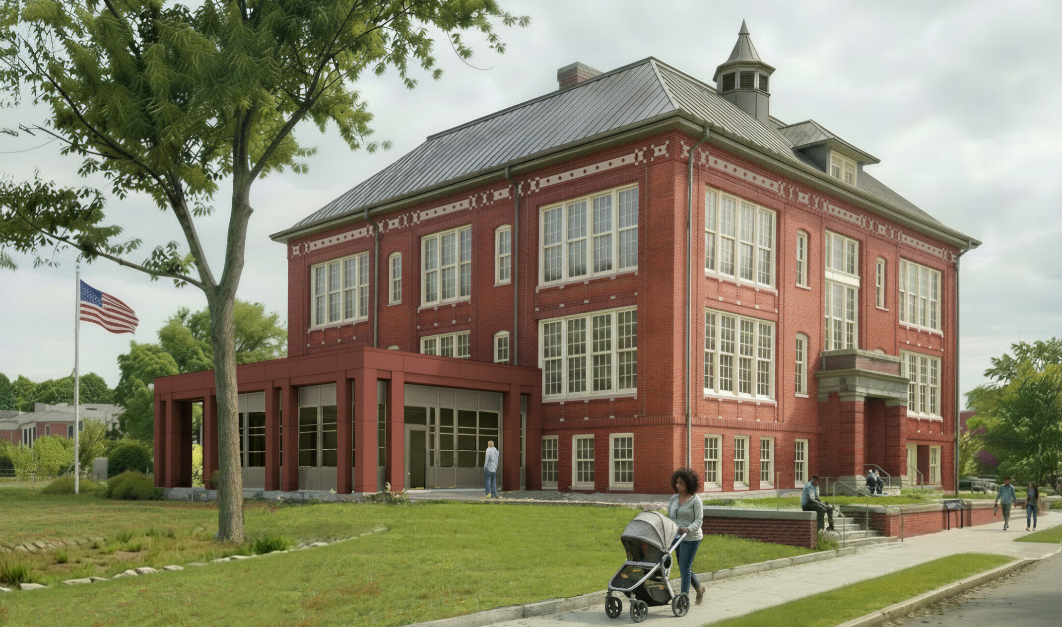 Exterior of the Crummell Community Center featuring restored brick walls, well-maintained landscaping, and several patrons walking on the grounds