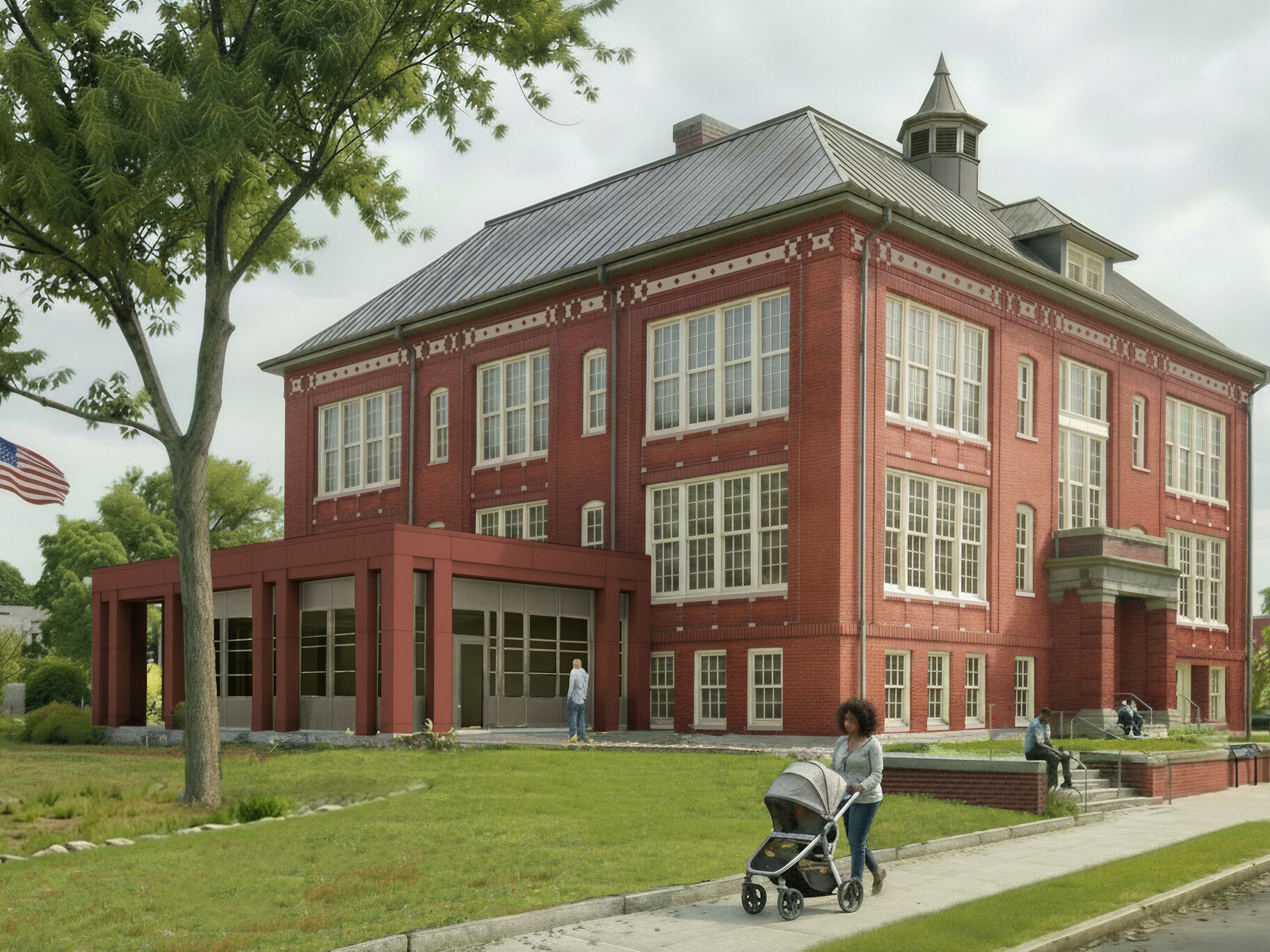 Exterior of the Crummell Community Center featuring restored brick walls, well-maintained landscaping, and several patrons walking on the grounds