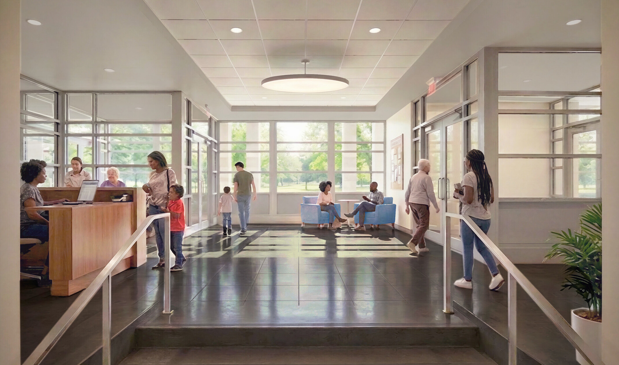 An interior lobby with white walls and multiple windows providing natural light, including a front desk on the right with a receptionist and patrons, while people are dispersed throughout the lobby and sitting area.