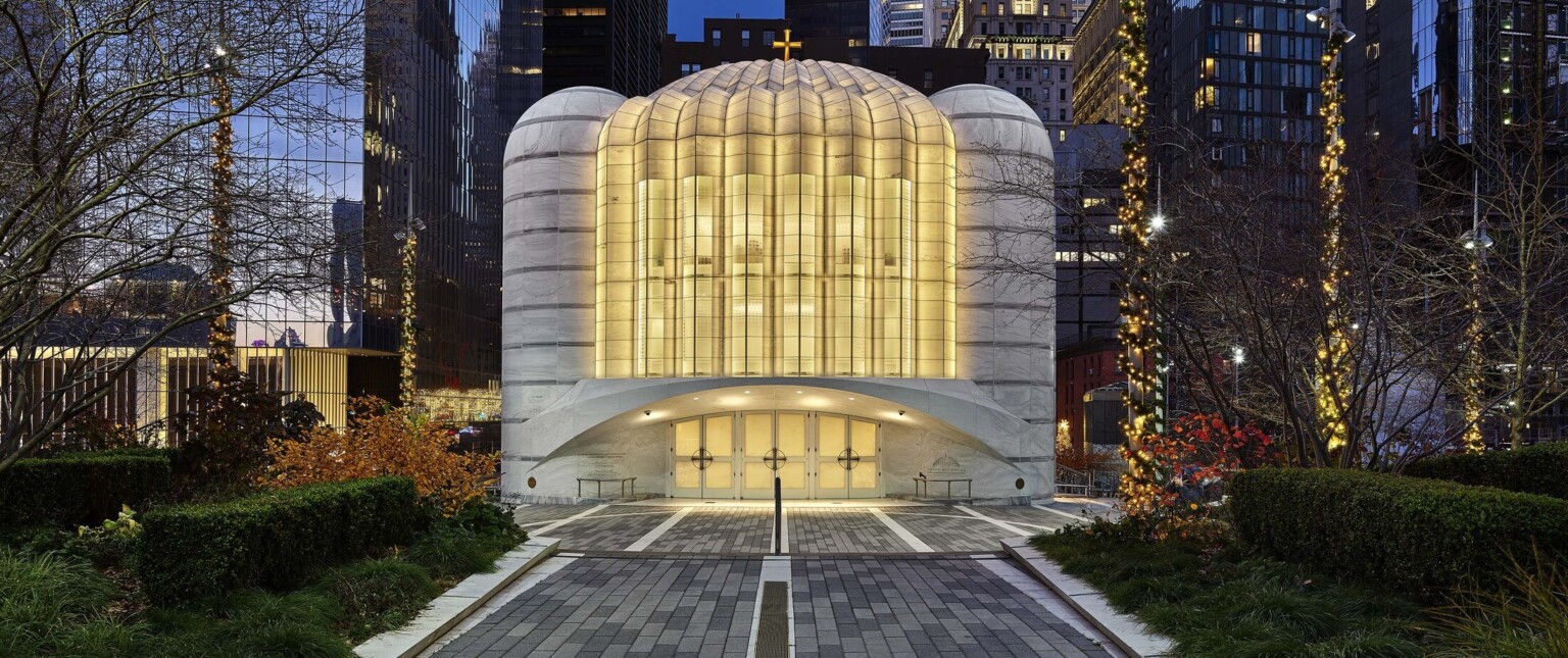 St. Nicholas Greek Orthodox Church New York illuminated from within