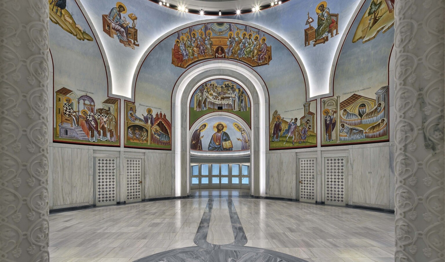 Interior view of the Saint Nicholas Greek Orthodox Church in New York City showcasing intricate artwork