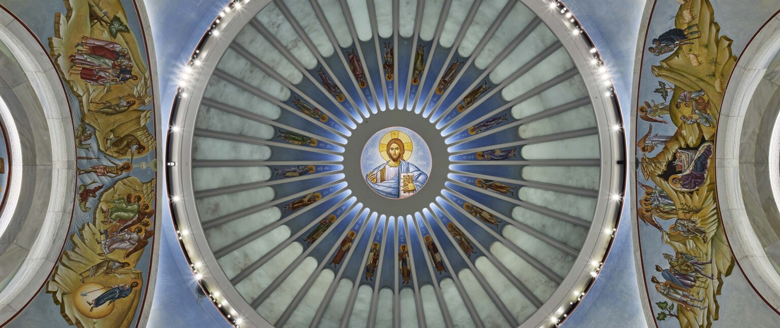 Ceiling of the St. Nicholas Greek Orthodox Church NYC showing blue and green intricate artwork