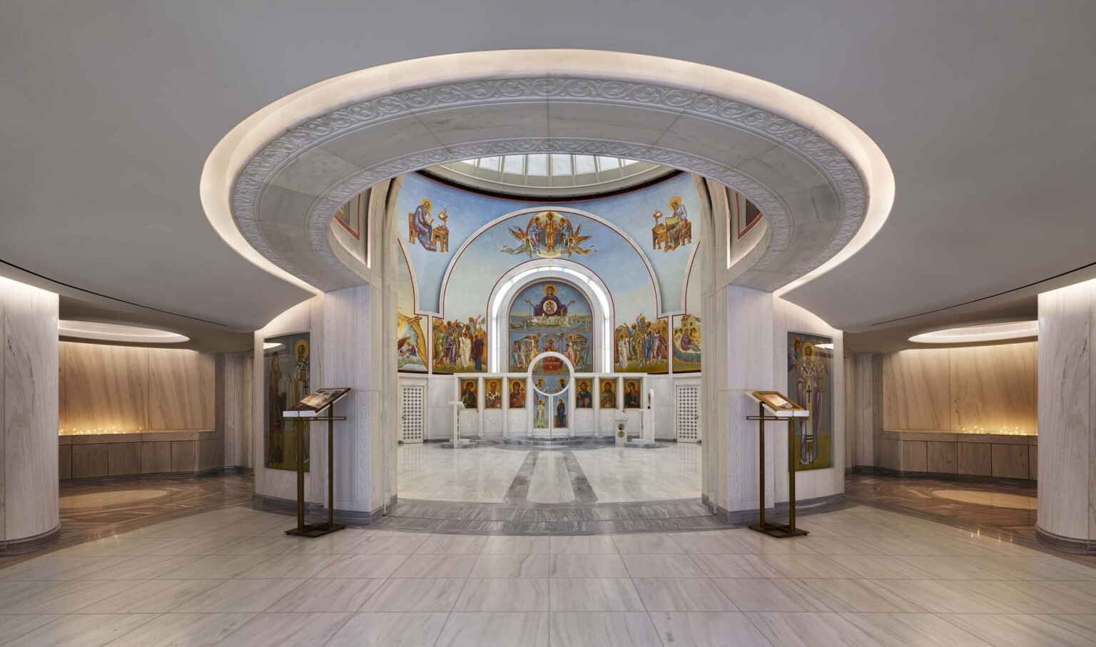 Interior view of the Saint Nicholas Greek Orthodox Church in New York City showcasing lighting and intricate painting Interior view of the Saint Nicholas Greek Orthodox Church in New York City showcasing lighting and intricate painting