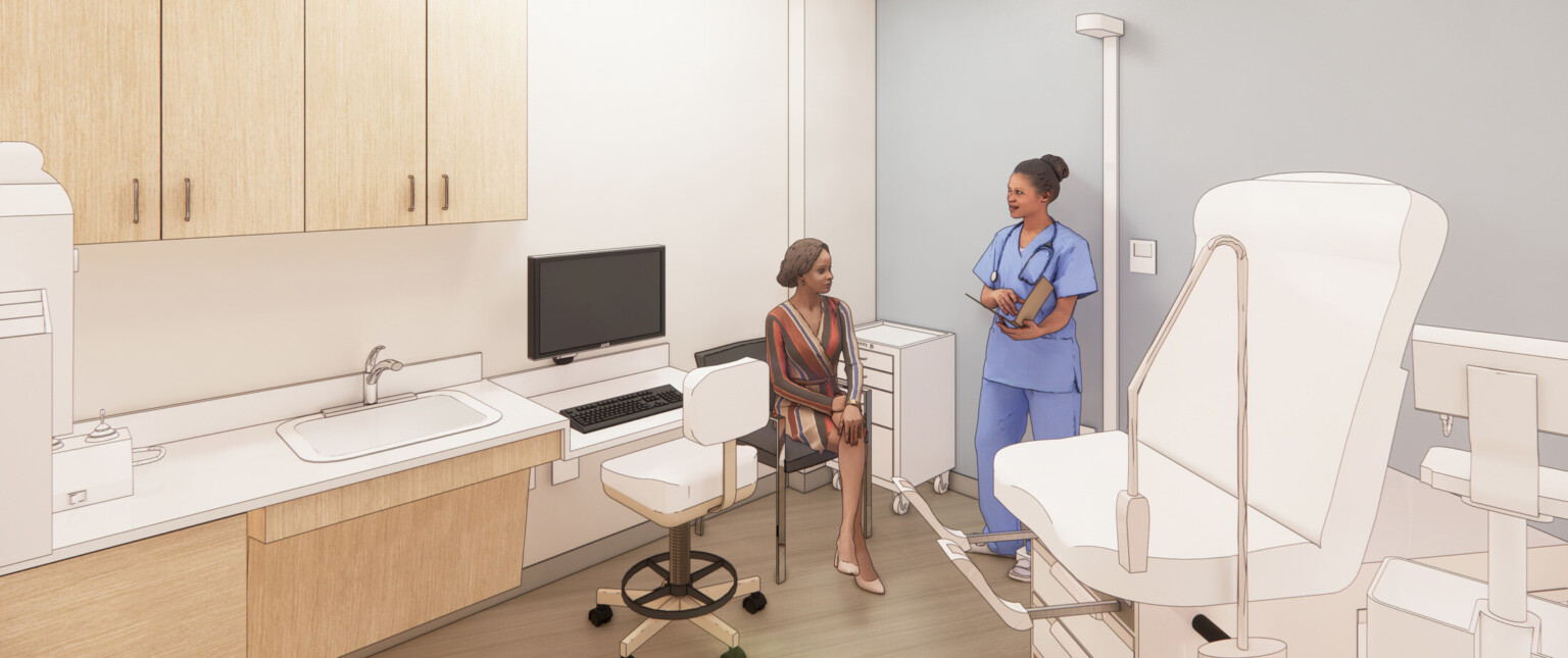 Medical exam room filled with an exam table, chairs, and computer monitor on the wall showing a medical professional talking to a patient.