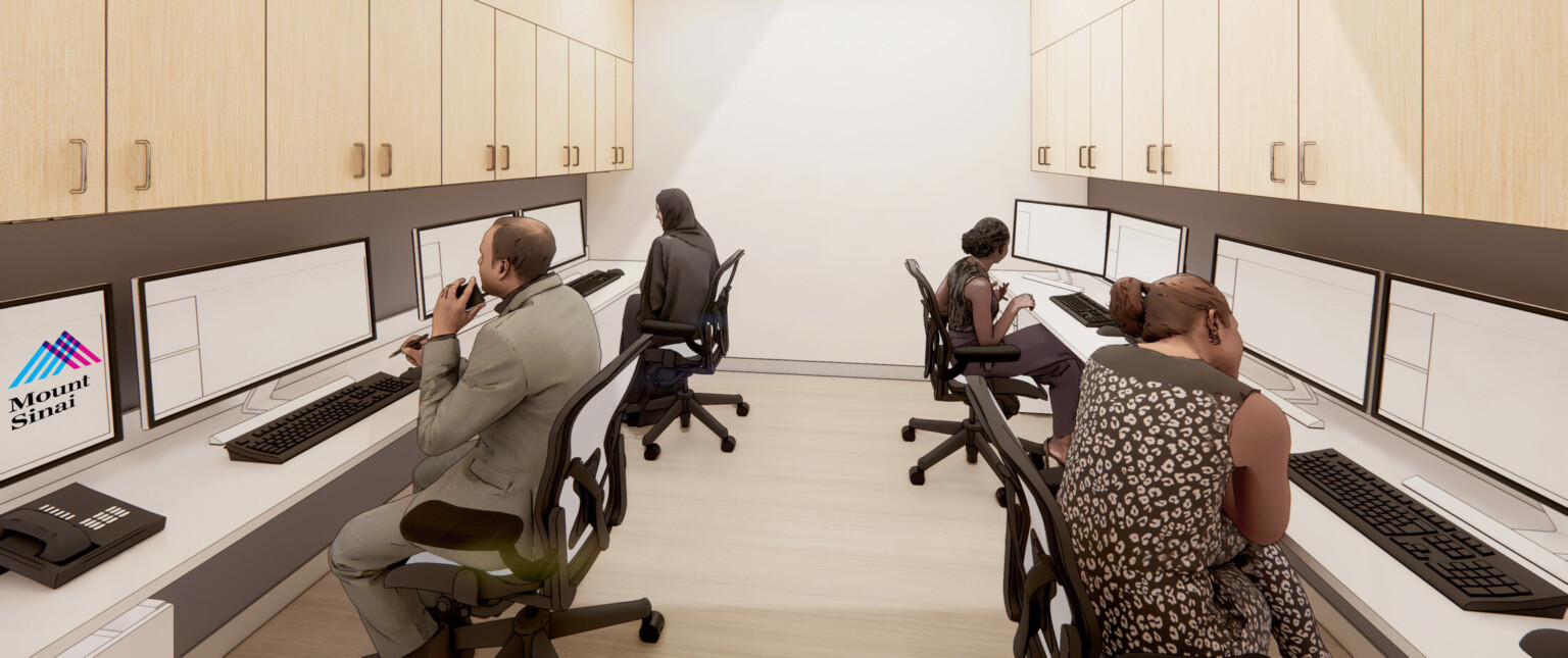 Rendering of an office space filled with workers sitting in black desk chairs with multiple monitors, and light wood cabinets