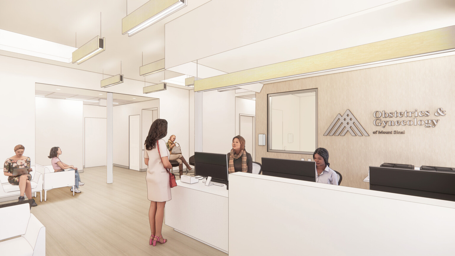 Rendering of a hospital waiting room filled with a patient speaking with workers behind a desk.
