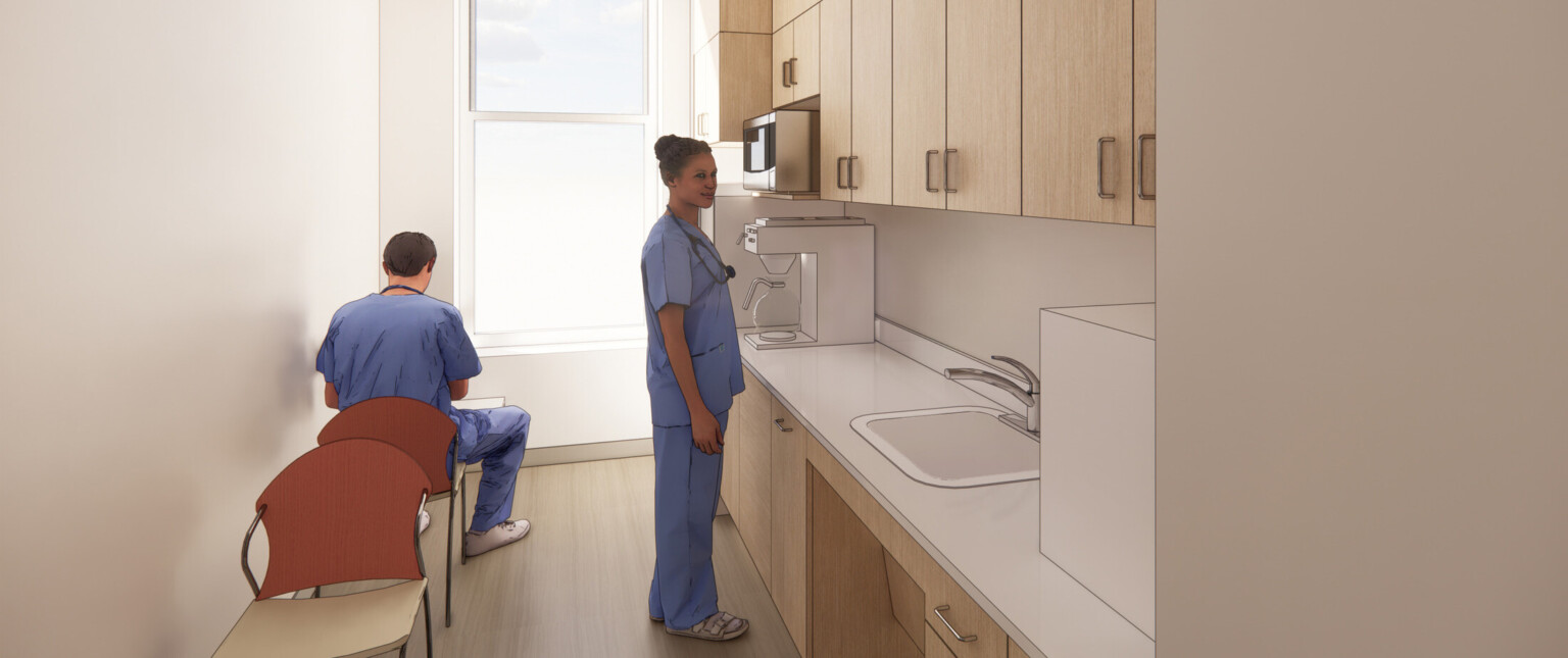 Rendering of a medical office breakroom with light wood cabinetry, white countertops, orange chairs.