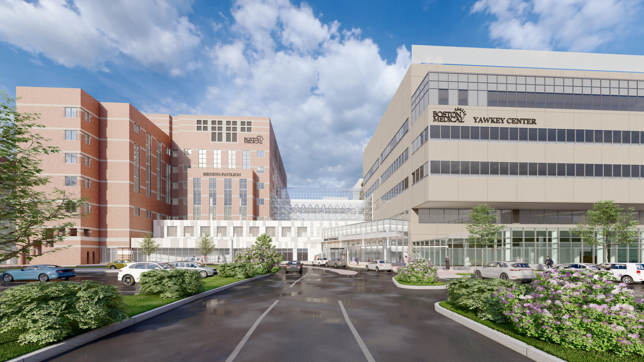 exterior rendering of two hospital structure joined by a shared lobby; foreground parking lot