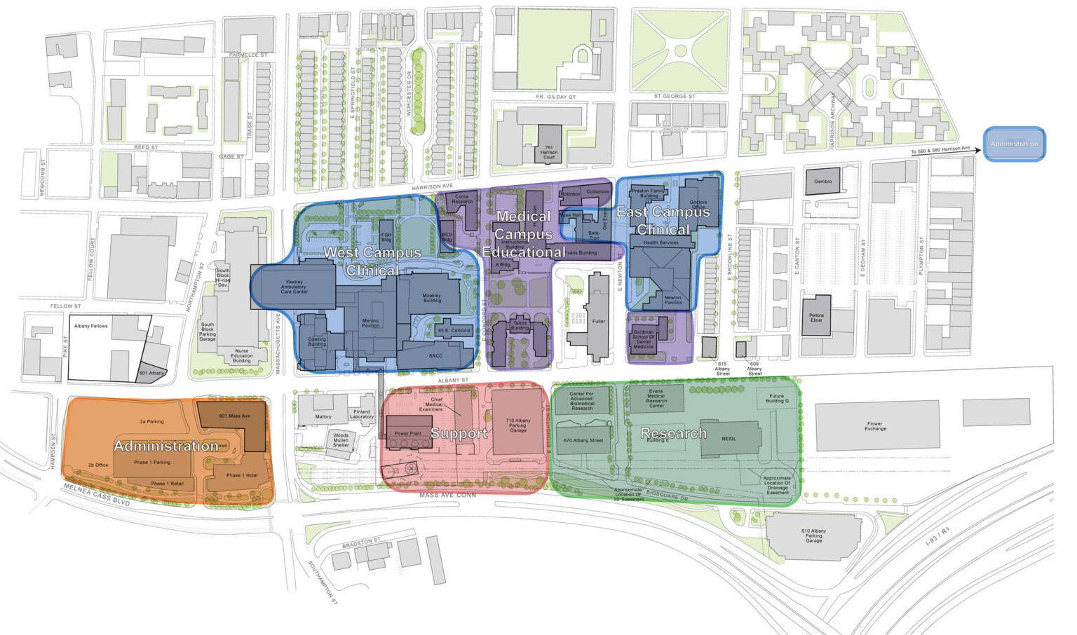 A color-coded medical campus map showing various sections. Each area includes labeled buildings and facilities connected by roads and pathways, with surrounding parking lots, green spaces, and additional buildings.