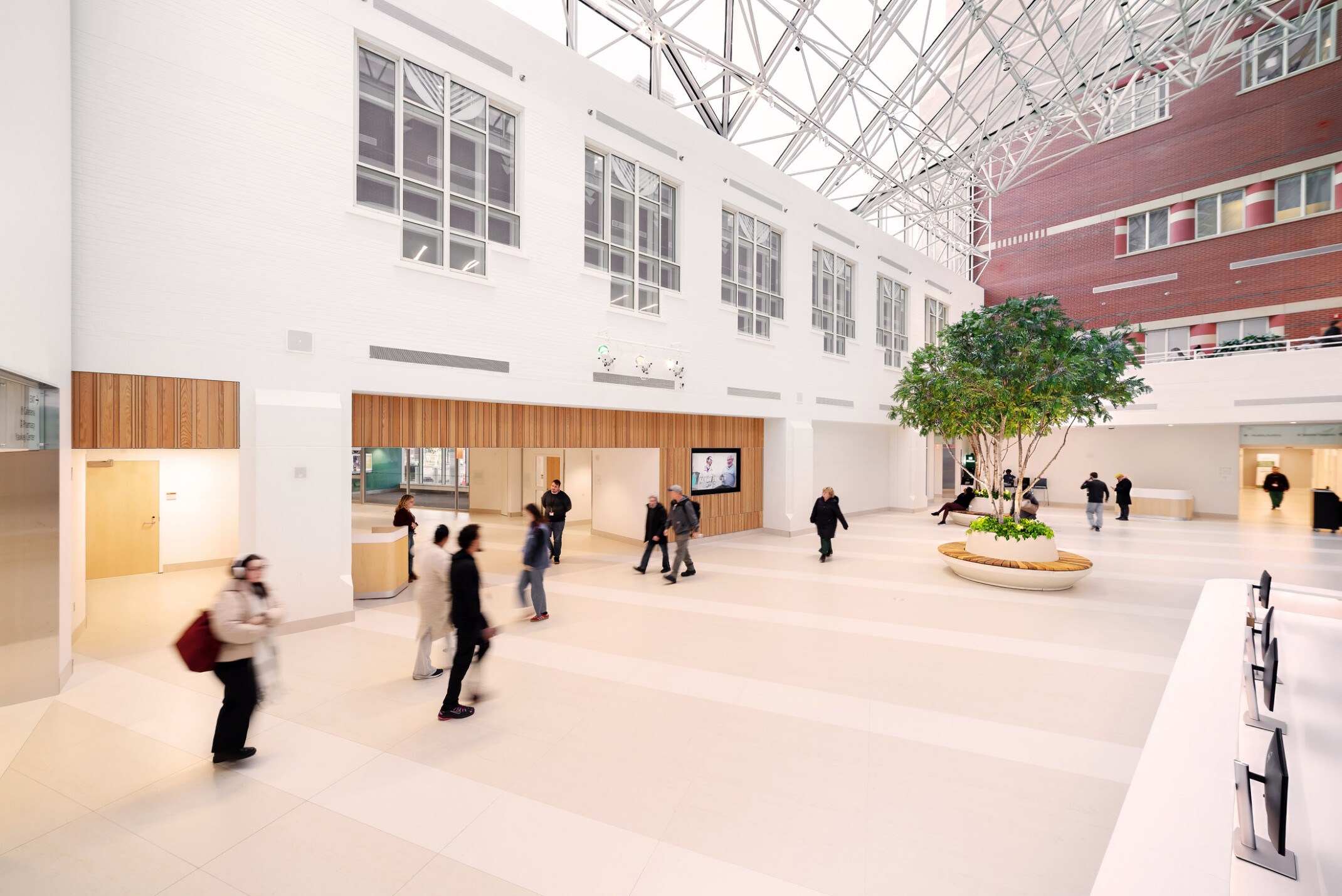 Boston medical center information desk and entrance area; double height space with open seating and interior greenery