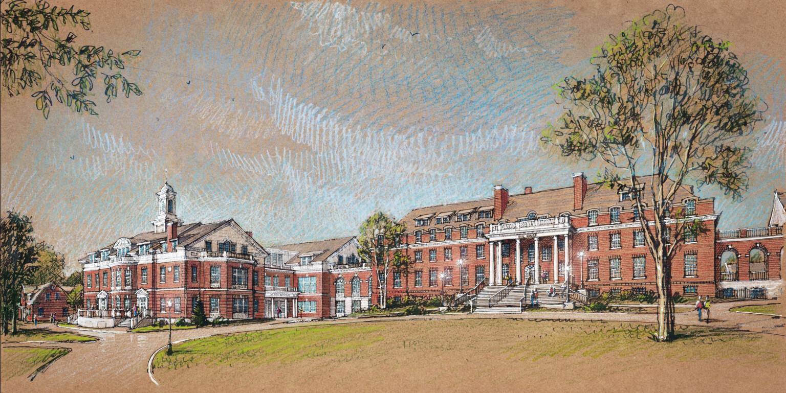 Historic brick college campus illustration showing colonial-style academic buildings with white columns, bell tower, and tree-lined quad in architectural sketch style. Historic brick college campus illustration showing colonial-style academic buildings with white columns, bell tower, and tree-lined quad in architectural sketch style.
