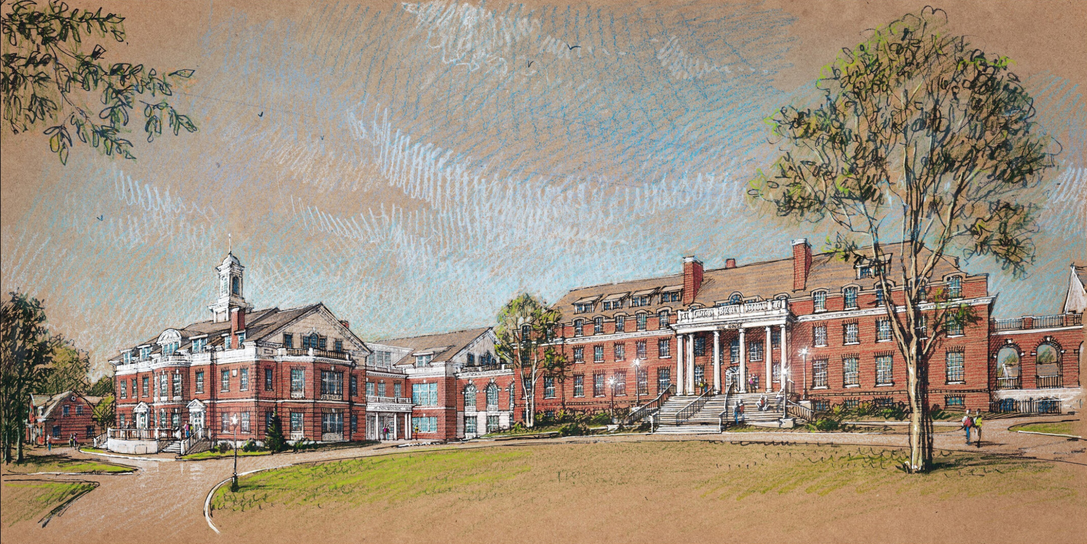 Historic brick college campus illustration showing colonial-style academic buildings with white columns, bell tower, and tree-lined quad in architectural sketch style.