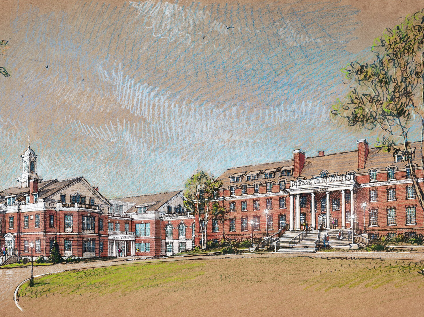 Historic brick college campus illustration showing colonial-style academic buildings with white columns, bell tower, and tree-lined quad in architectural sketch style.