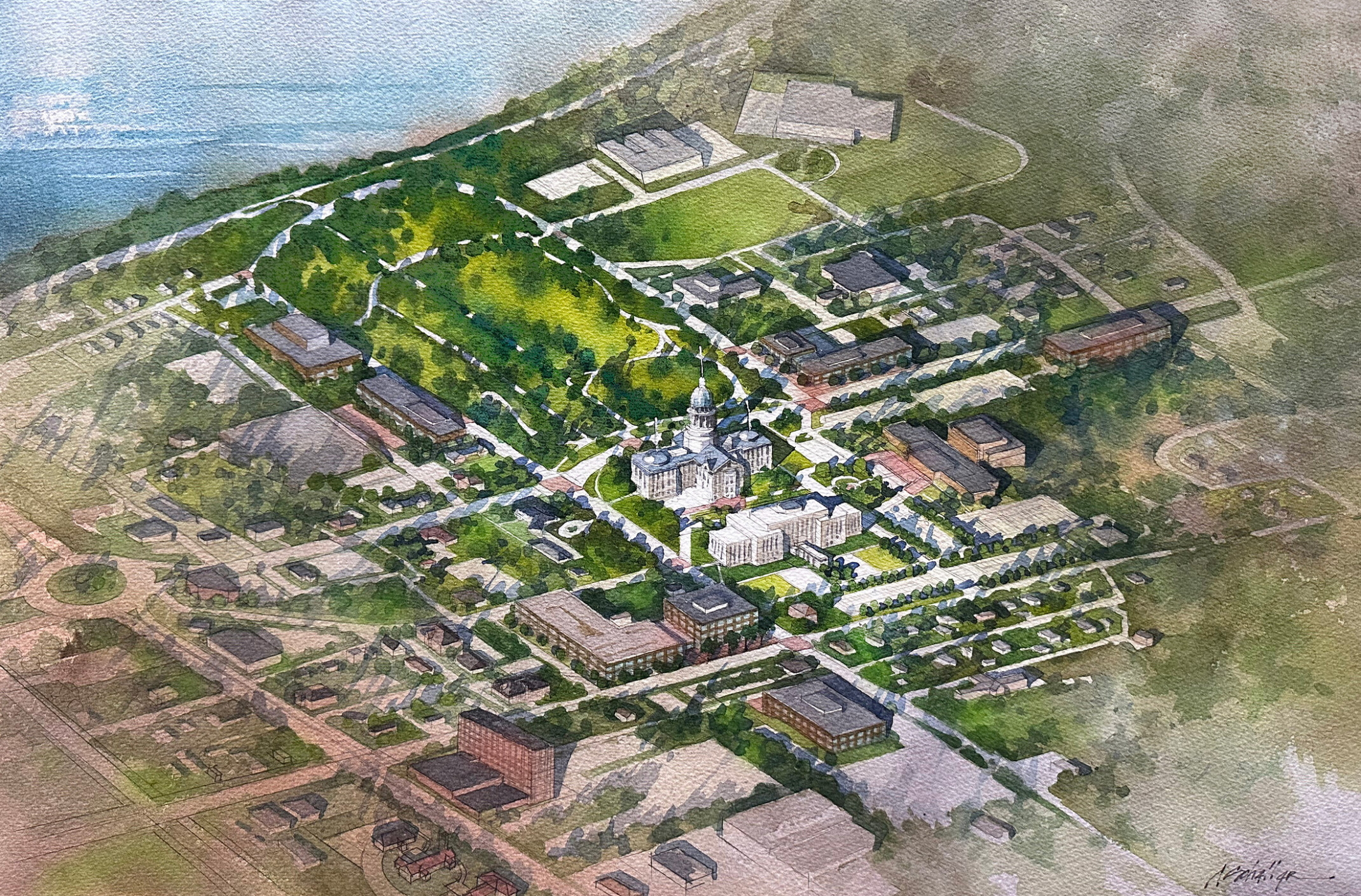 design concept watercolor depicting aerial view of renovated facility master plan