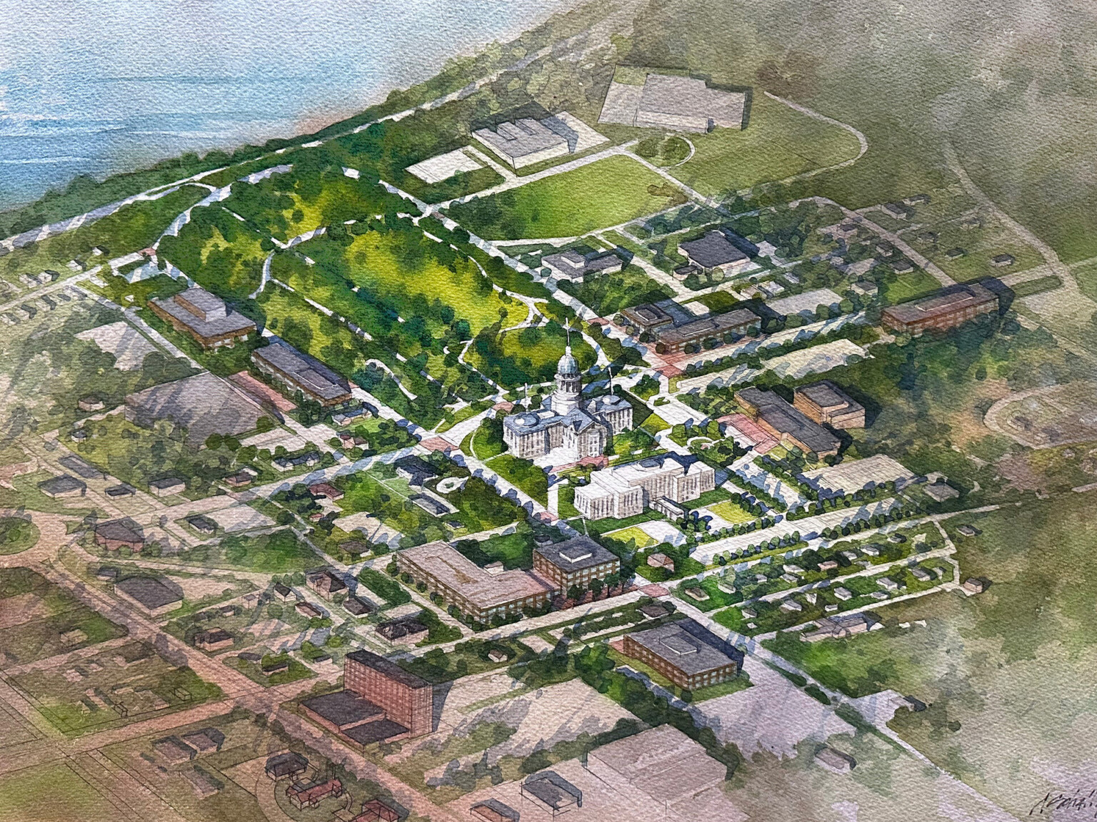 design concept watercolor depicting aerial view of renovated facility master plan