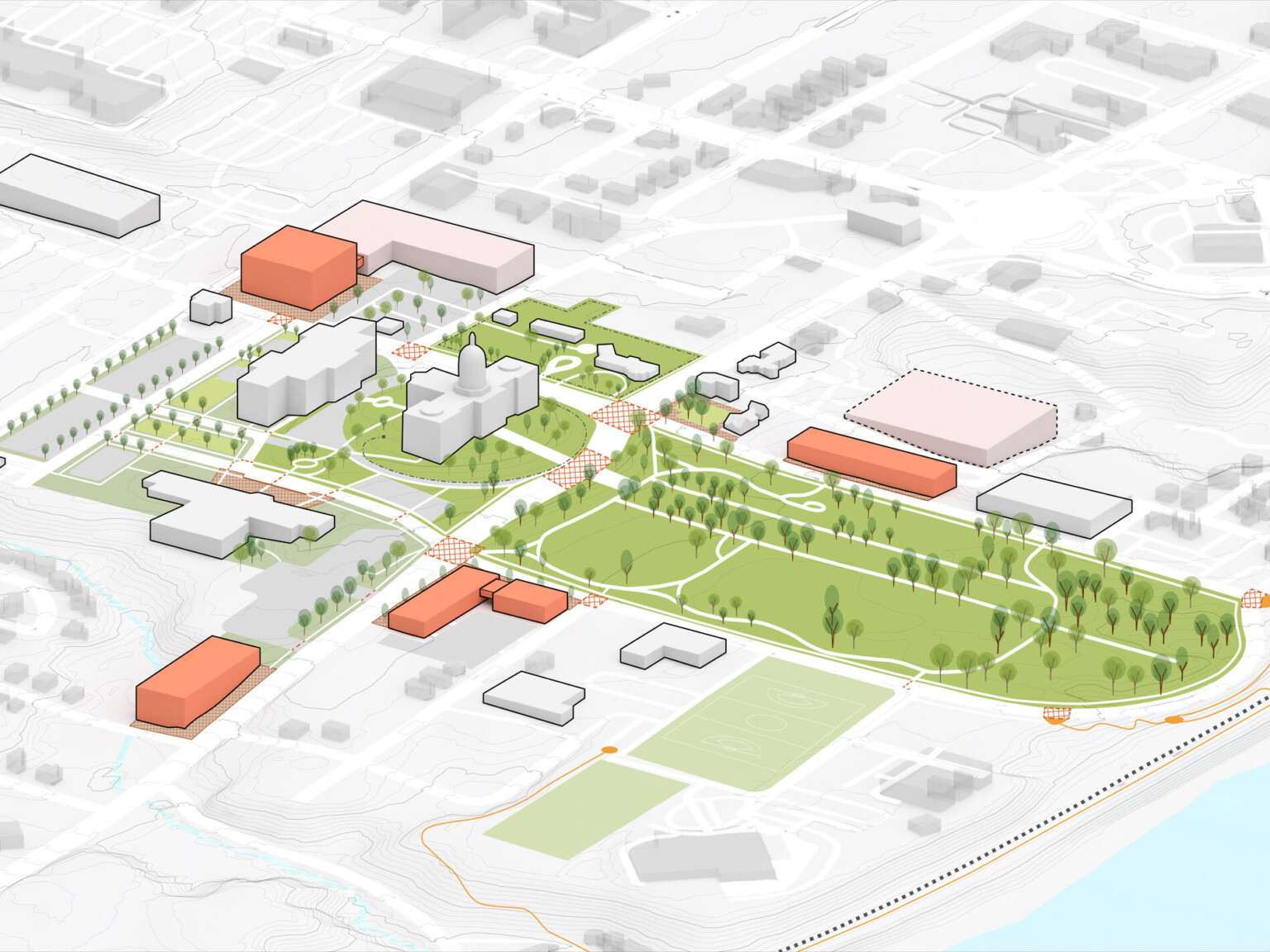 design concept depicting aerial view of renovated and new buildings, parking lots, facility master plan