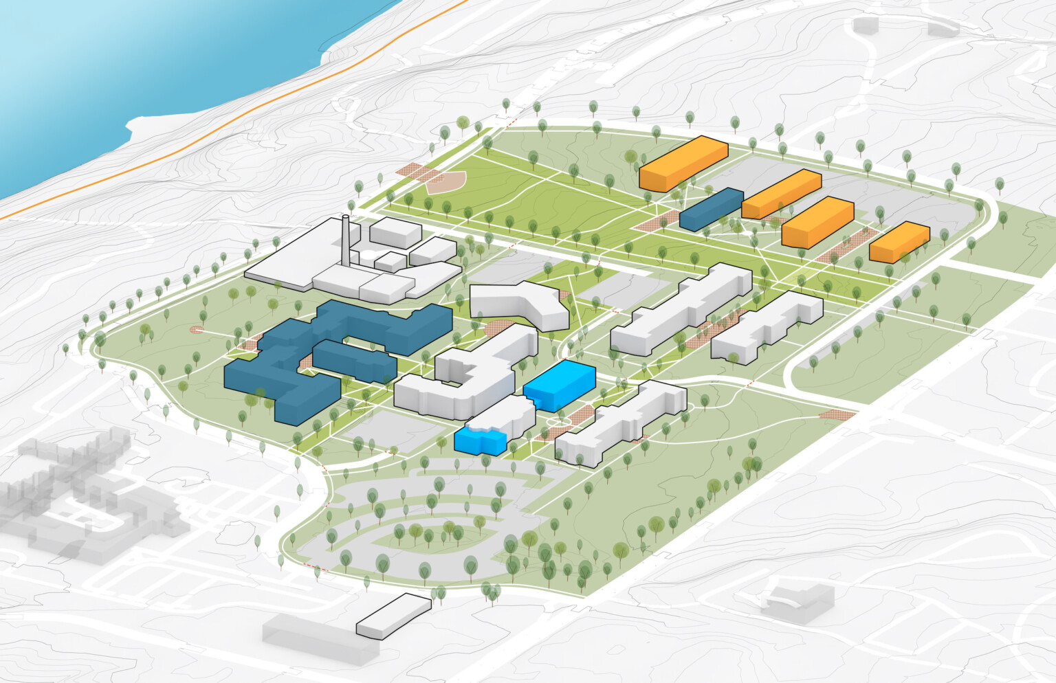 Master plan for location with multiple colorful buildings identified to show plan Master plan for location with multiple colorful buildings identified to show plan