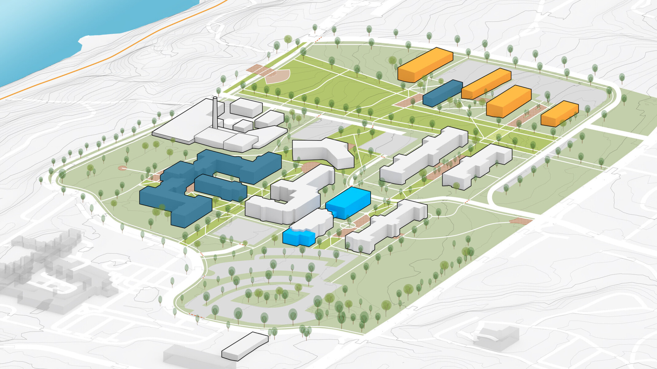 Master plan for location with multiple colorful buildings identified to show plan