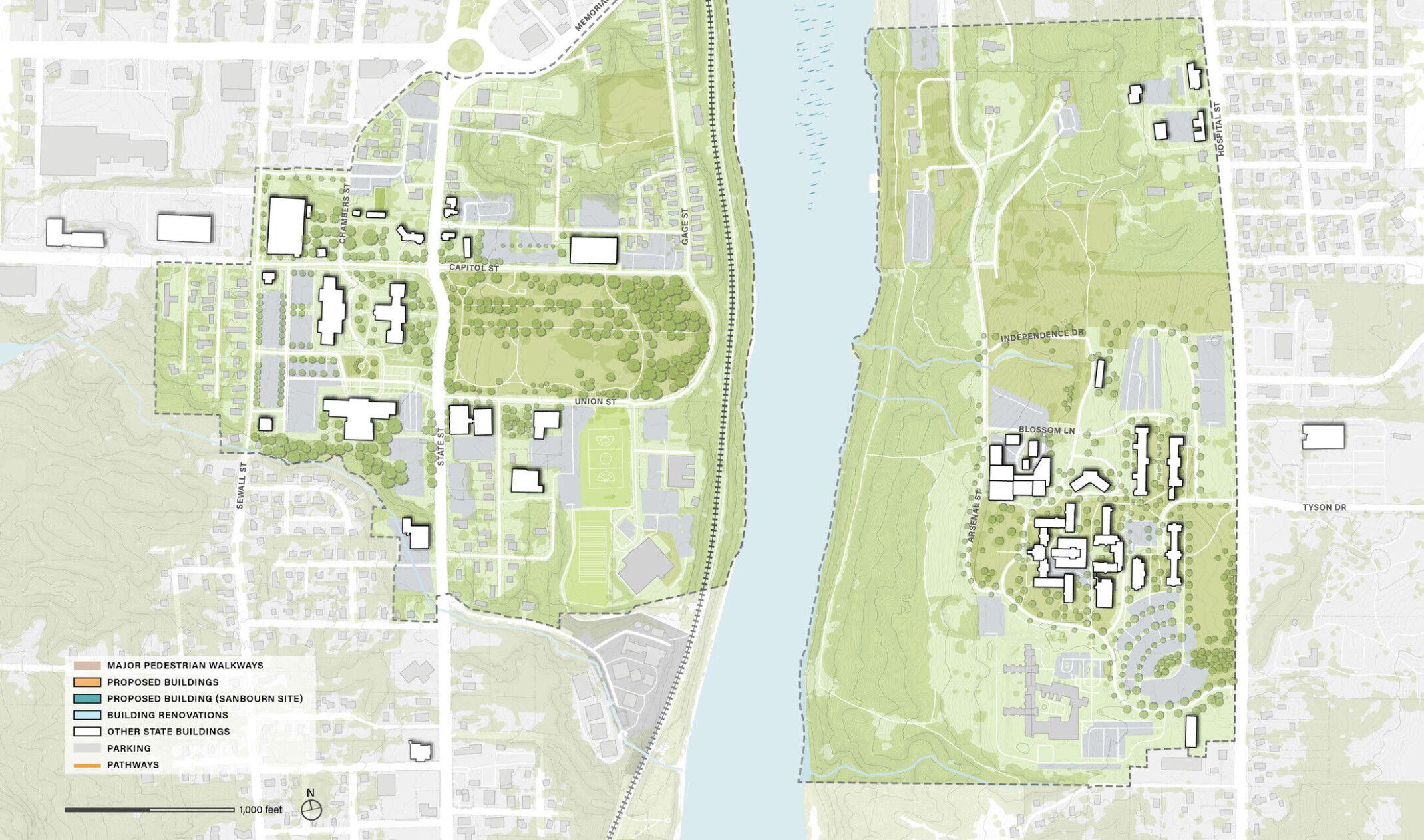 Master plan for location with multiple colorful buildings identified to show plan