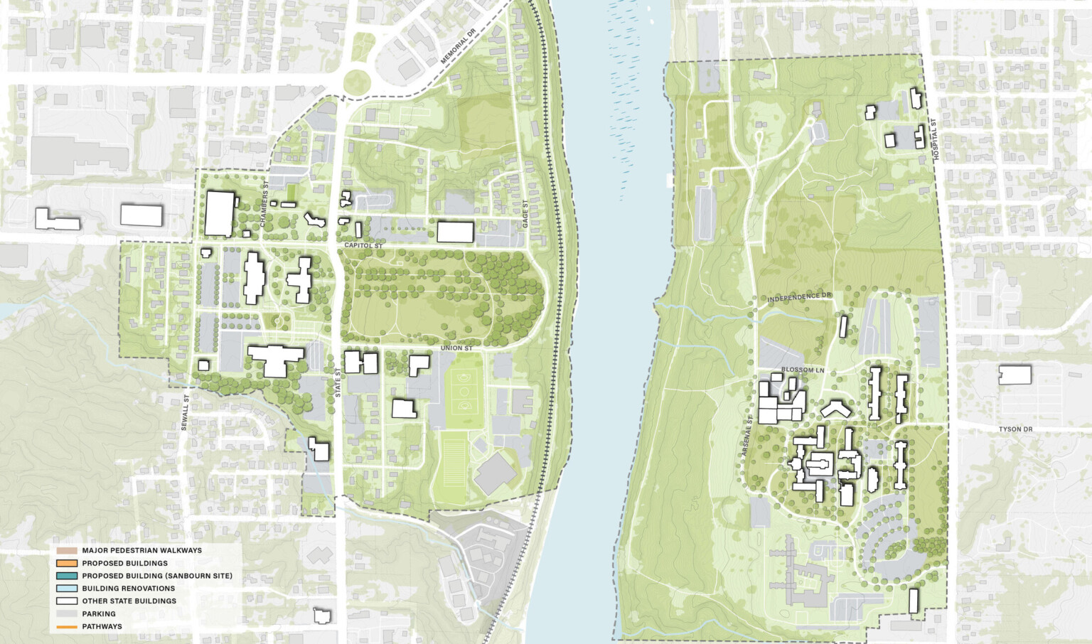 Master plan for location with multiple colorful buildings identified to show plan